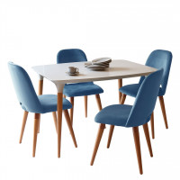 Manhattan Comfort 2-10157511020563 5-Piece HomeDock 45.47 Dining Set with 4 Selina  Velvet Accent Chairs in Off White and Blue